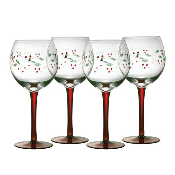 Christmas Wine Glasses - Set of 2 Stemless - Hand Painted - Holly