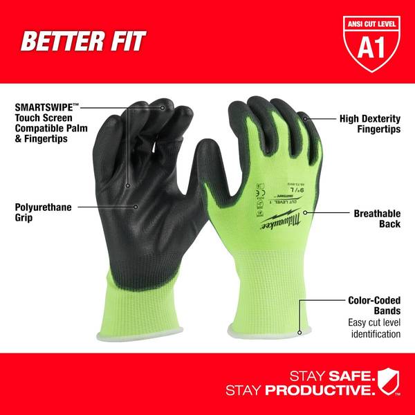 Milwaukee Tool Level 1 Cut Resistant High Visibility Polyurethane Dipped  Gloves - Medium 48-73-8911