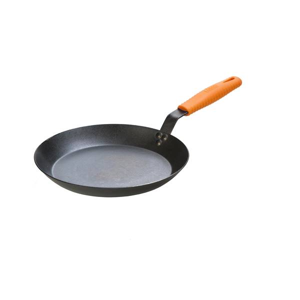 Photo of 12" Seasoned Carbon Steel Skillet With Orange Silicone Handle Holder