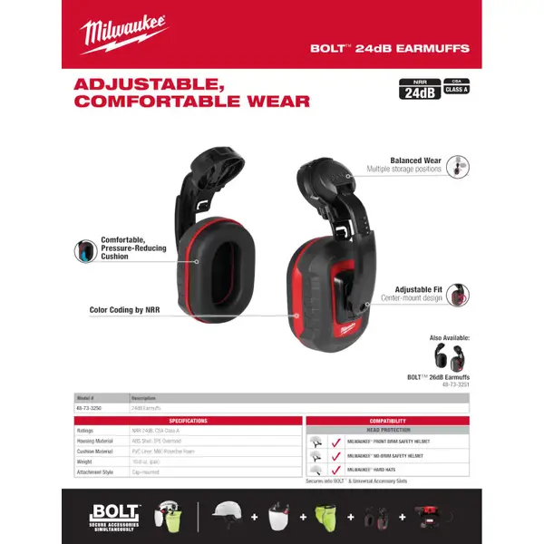 Milwaukee BOLT Earmuffs with Noise Reduction Rating of 24 dB 48-73