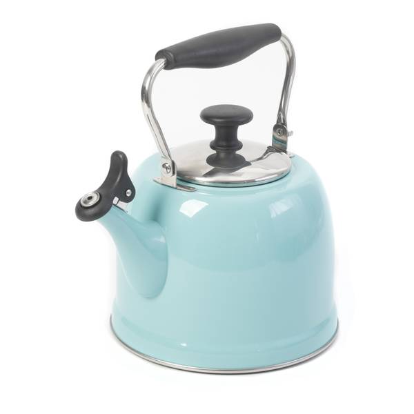 Teal Tea Kettle Boiling Hot Water On Top Of A Black Stove Top