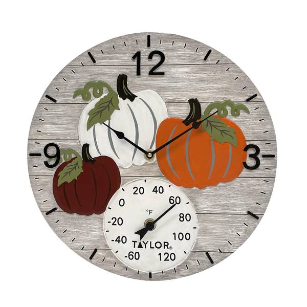 Photo of 14" Pumpkins Indoor/Outdoor Poly Resin Clock with Thermometer