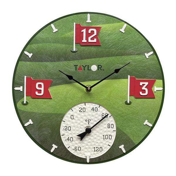 Photo of 14" Tee Time Indoor/Outdoor Poly Resin Clock with Thermometer