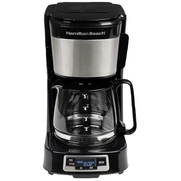 Hamilton Beach 5 Cup Compact Drip Coffee Maker with Programmable Clock,  Glass Carafe, Auto Pause and Pour, Black & Stainless Steel (46111)