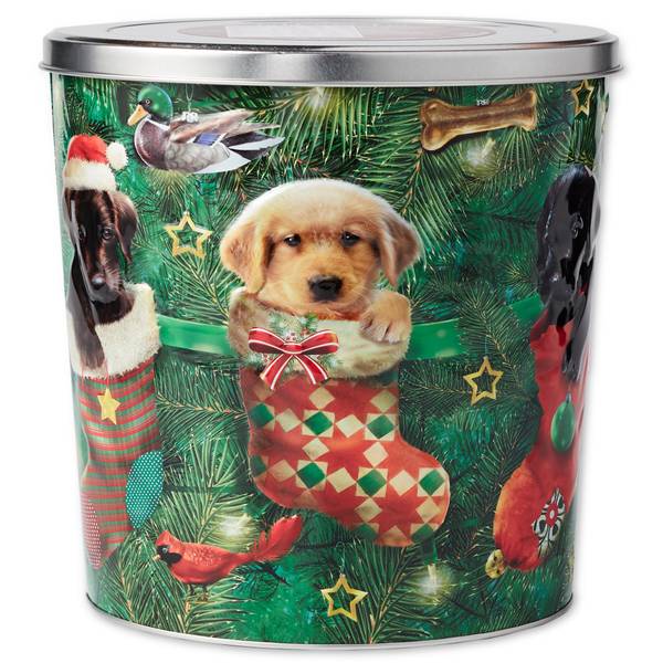 Photo of 12 oz  Puppies in Tree Stockings Popcorn Tin