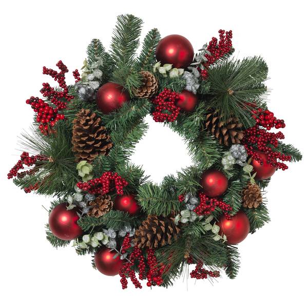 Photo of 24 in. Holiday Wreath with Pinecones Red Berries and Ornaments