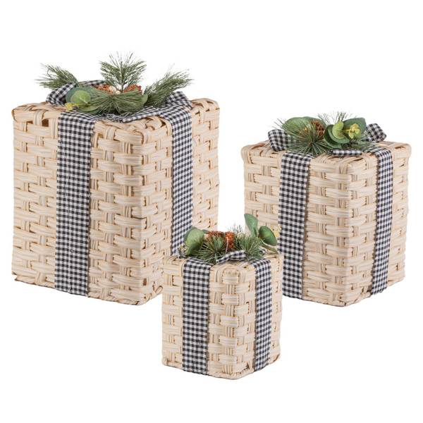 Photo of Set of 3 Woven Design Box Decor with Pine Cones and Bow