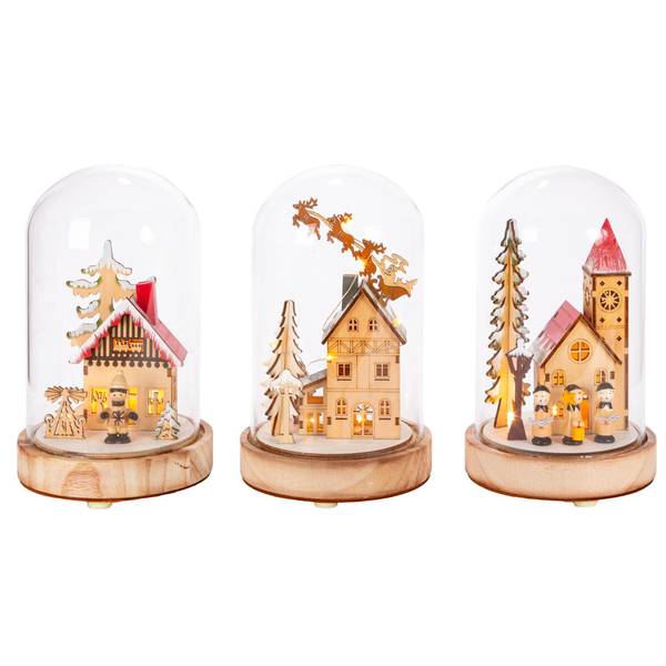 Photo of Set of 3 9 in. Illuminating Glass Domed Wood Village Scenes