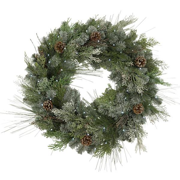 Photo of 32 in. Pre lit LED Snowy Mixed Pine Wreath with Pinecones