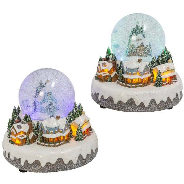 Set of 2, 6.7 in. Illuminating Musical Spinning Village Water Globe