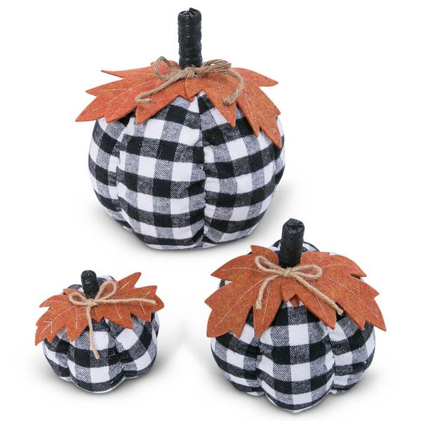 Gerson Set Of 3 Assorted Sized Fabric Black And White Plaid Pumpkins