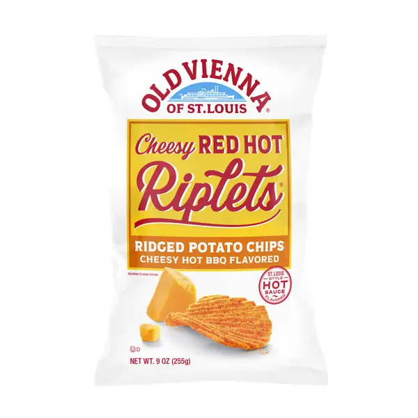 Old Vienna of St. Louis CHEESY Red Hot Riplets Hot BBQ Flavored Potato  Chips Flavored with St. Louis Style Hot Sauce 2.5oz Bag(3 Pack)