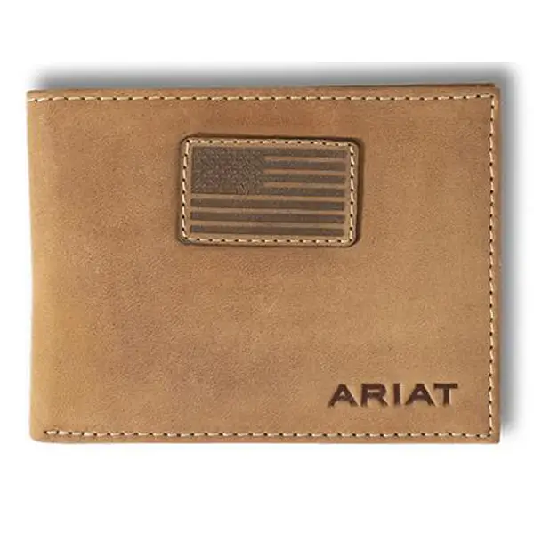ARIAT Mens Bifold Flip Perforated Edge Embossed Shield Wallet
