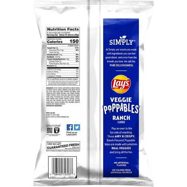 Ruffles 5 oz Ranch Simply Lays Veggie Poppable - 72703 | Blain's