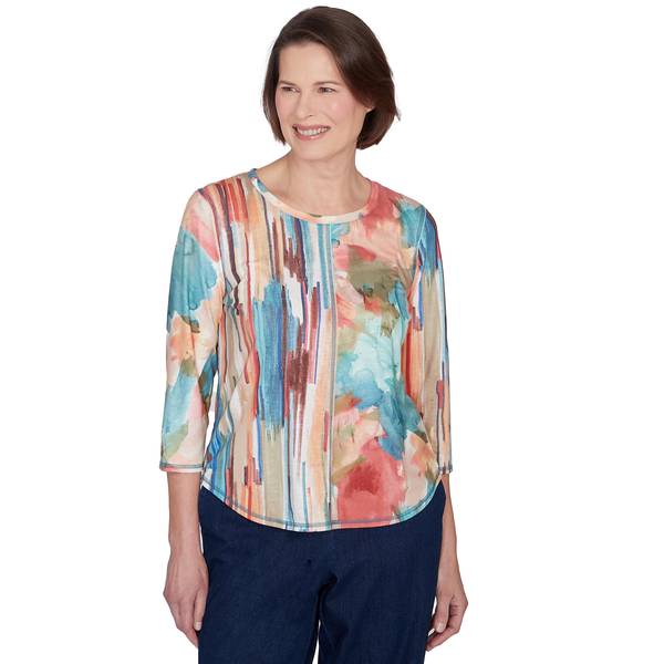 Alfred Dunner Women's Spliced Floral Brushstrokes Stripes Top - 62457VE ...