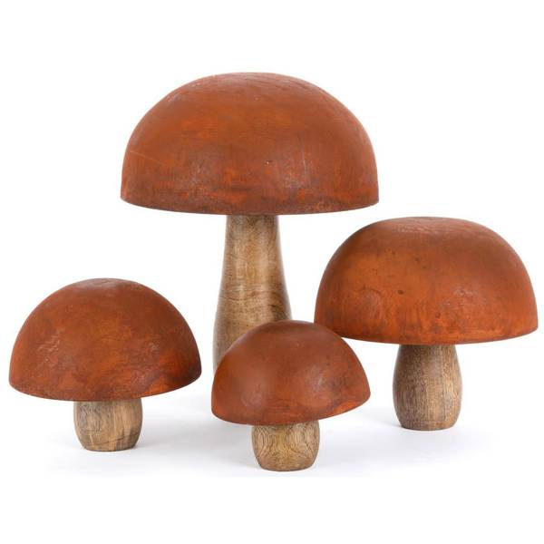 Photo of Set of 4 Rustic Metal and Wood Mushroom Figurines
