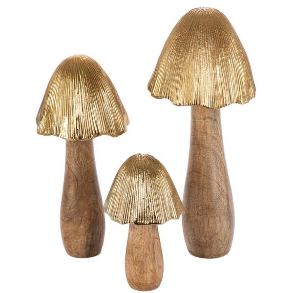 Photo of Set of 3 Rustic Aluminum and Mango Wood Mushroom Figurines