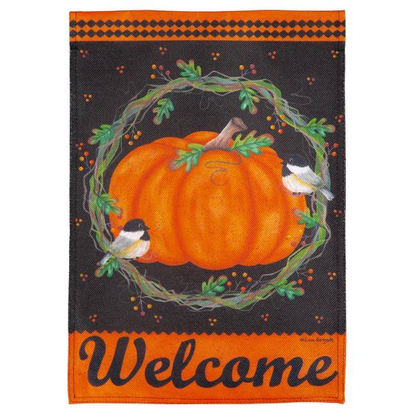 Photo of Chickadee and Pumpkin Burlap Garden Flag