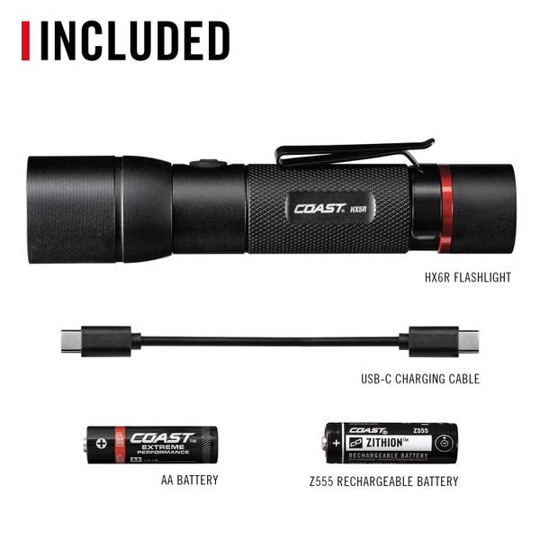 coast rechargeable stainless steel led flashlight XP20R 4000 Lumen USB-C with Slide Focus and Pure Beam Focusing Optic, 5 Light Modes At roughly 4 in COAST BREAKER 600m Stainless Steel
