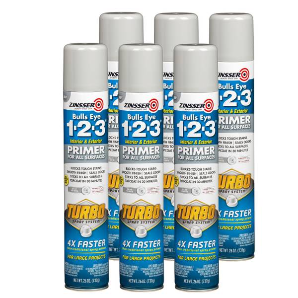 Photo of 6-Pack 26 oz Bulls Eye 1-2-3 TURBO Flat Gray All Purpose Spray Primer