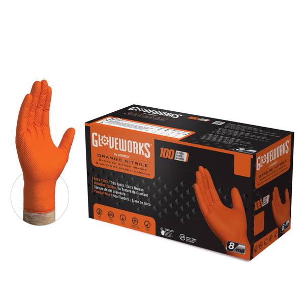Photo of 8mil Raised Diamond Texture Orange Nitrile Gloves