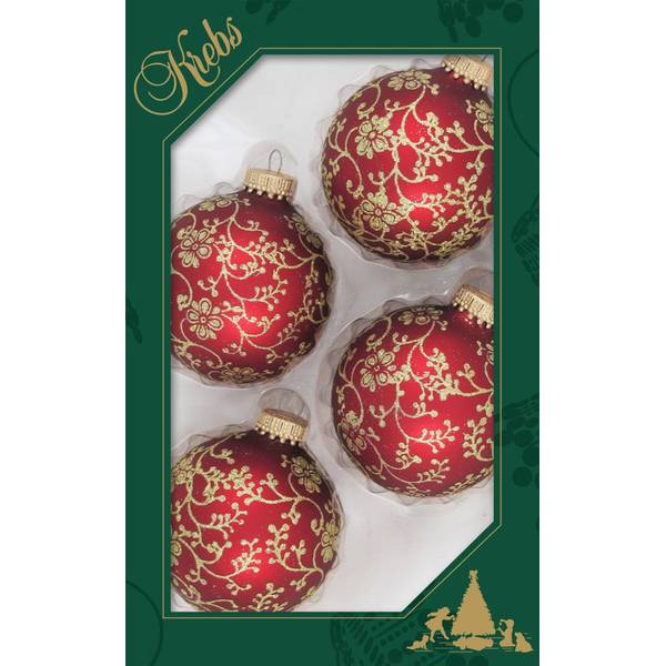 Photo of Christmas by Krebs Red Velvet Gold Floral Glitter 2.63 in Glass Christmas Tree Ornaments, Set of 4