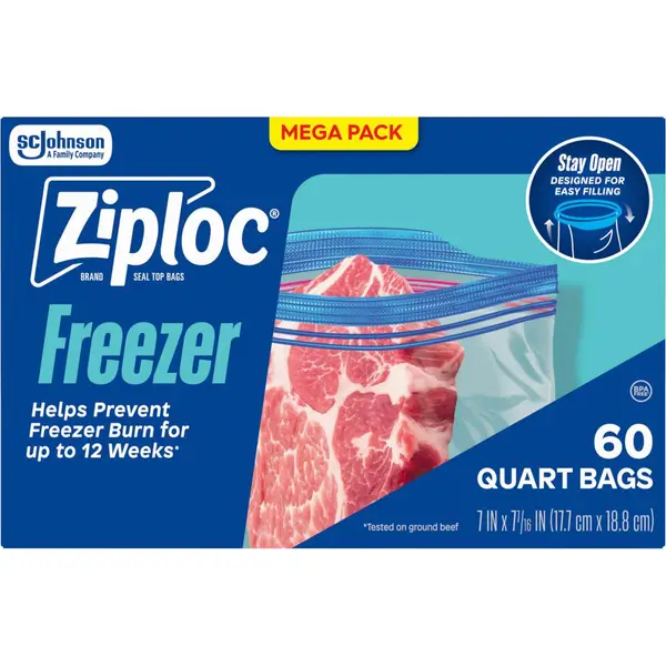 Ziploc 60-Count Stay Open Quart Freezer Storage Bags - 2570001362