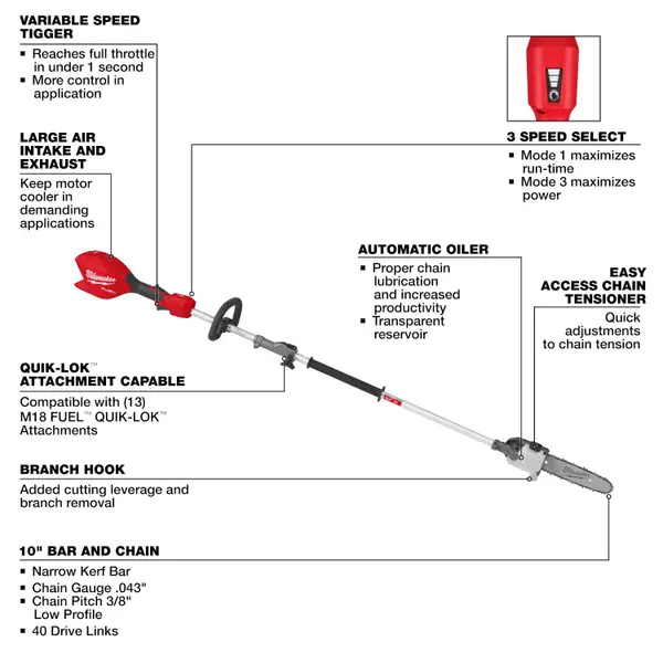 Milwaukee M18 FUEL Pole Saw with QUIK-LOK Bare Tool - 3016-20PS