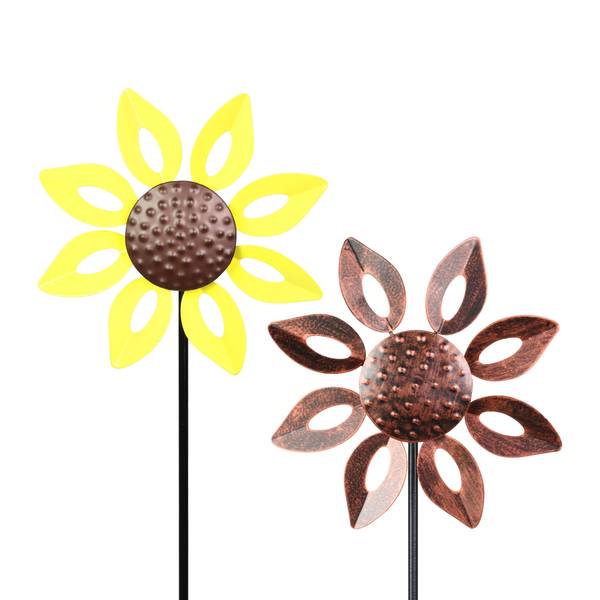Photo of 6" Mini Kinetic Metal Bronze and Yellow Open Petal Sunflower Plant Stake Assortment