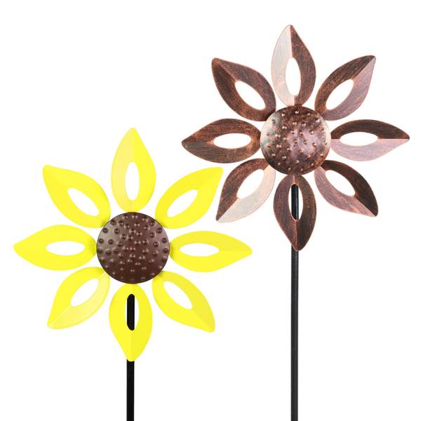 Photo of 9"  Kinetic Metal Open Petal Sunflower Garden Stake Assortment