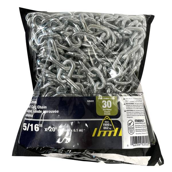 Photo of 5/16" x 20' Grade 30 Zinc Proof Coil Chain