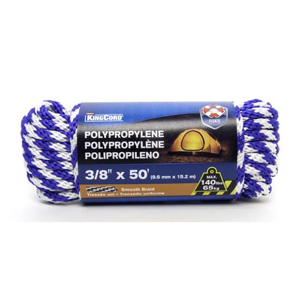Photo of 3/8" x 50' Smooth Braid Polypropylene Derby Rope, Blue/White