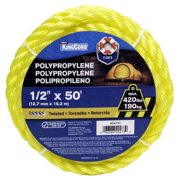 Photo of 1/2" x 50' Twisted Polypropylene Rope, Yellow