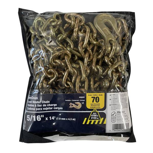 Photo of 5/16" x 14' Grade 70 Gold Chromate Transport Chain with Clevis Grab Hooks