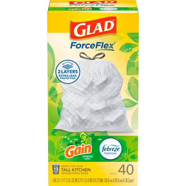 Photo of 40-Count, 13 Gal ForceFlex Tall Kitchen Drawstring Trash Bags, Gain Original with Febreze Freshness
