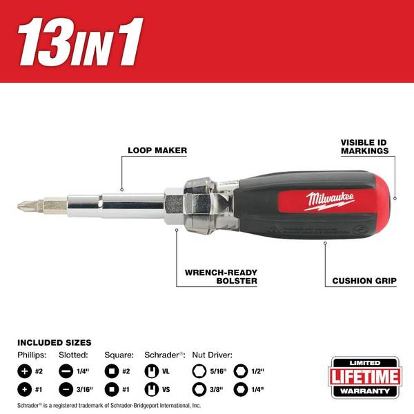 Milwaukee 13-in-1 Cushion Grip Screwdriver with Schrader Bit - 48
