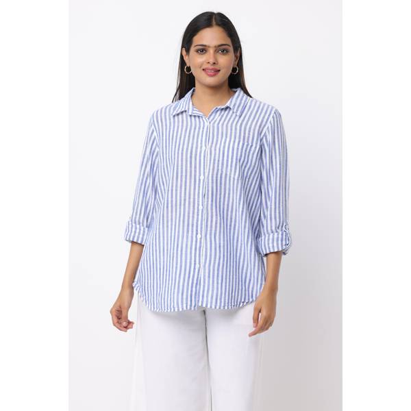Photo of Women's Long Sleeve Linen Blend Yarndyed Stripe Shirt with Roll Tab