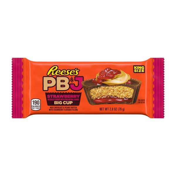 Photo of 2.8 oz Big Cup PB&J Strawberry Milk Chocolate King Size Peanut Butter Cups Candy Pack