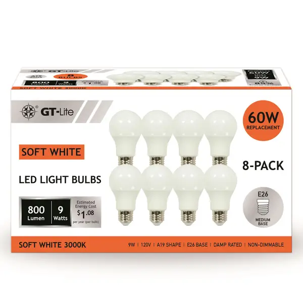 GT-Lite 8-Pack 800 Lumen LED A19 Light Bulbs Soft White - GT-A19