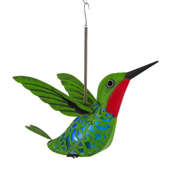 Gerson 9.45 inch Solar Lighted Metal Hummingbird with Spring and