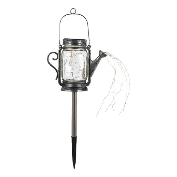 Photo of Set of 2 Solar Powered 14 inch Stainless Steel and Glass Watering Cans with Stake