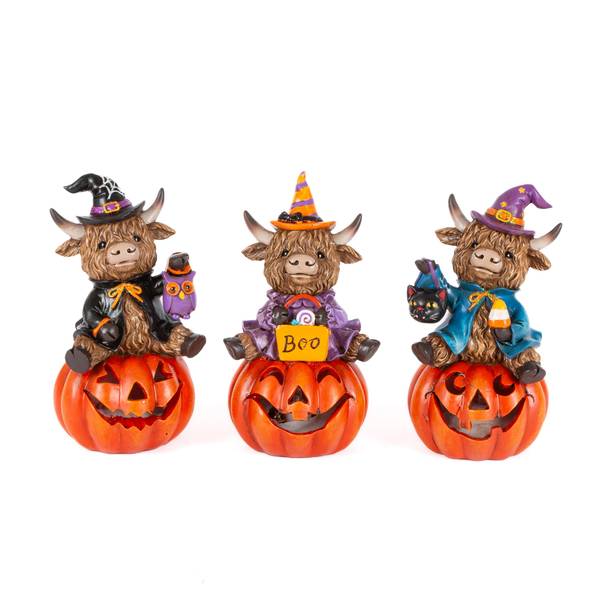 Photo of Lighted Resin Halloween Highland Cow Sitting on Pumpkins, Assorted
