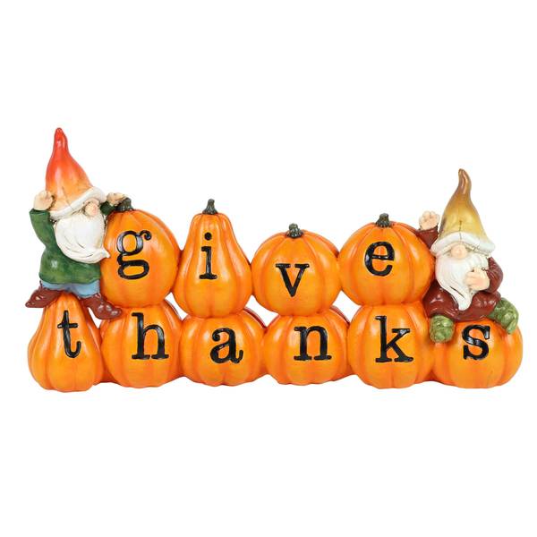 Photo of Gnomes with Stacked Give Thanks Row of Pumpkins