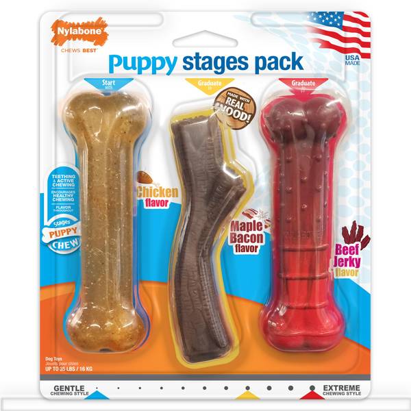 Photo of Nylabone Puppy Chew Stages Triple Pack Chewy Toys Chicken, Bacon, & Beef Jerky Medium/Wolf - Up to 3