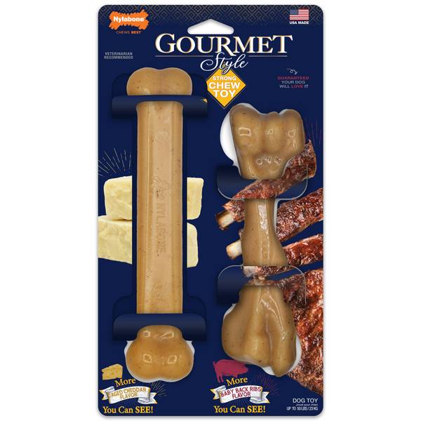 Photo of Gourmet Style Strong Chew Classic Bone & Femur Bone Dog Chew Toy Twin Pack Aged Cheddar & Baby Back
