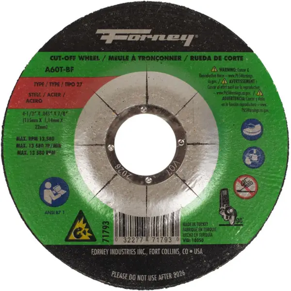 Forney Cut-Off Wheel Metal Type 27 4-1/2 inch x .045 inch x 7/8