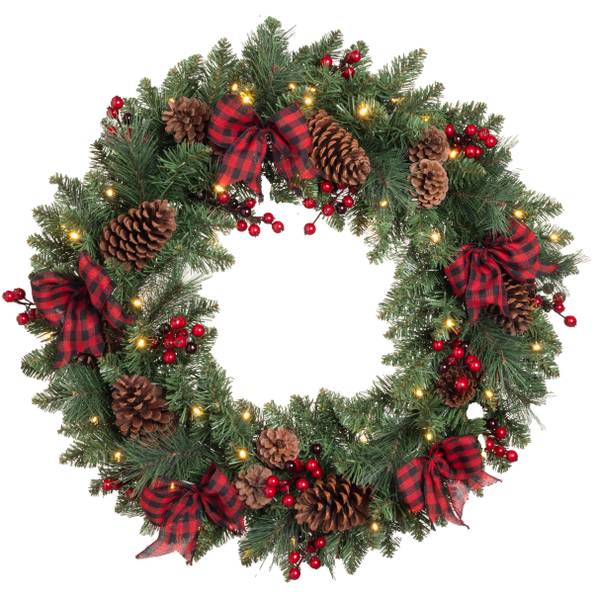 Photo of 30" 50L Warm White Battery Operated Plaid Wreath
