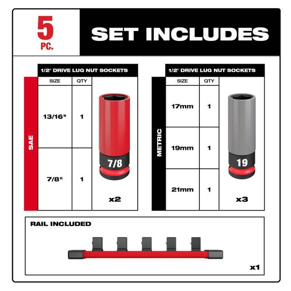 Milwaukee SHOCKWAVE Impact Duty 1/2 Drive SAE & Metric 5-Piece Lug