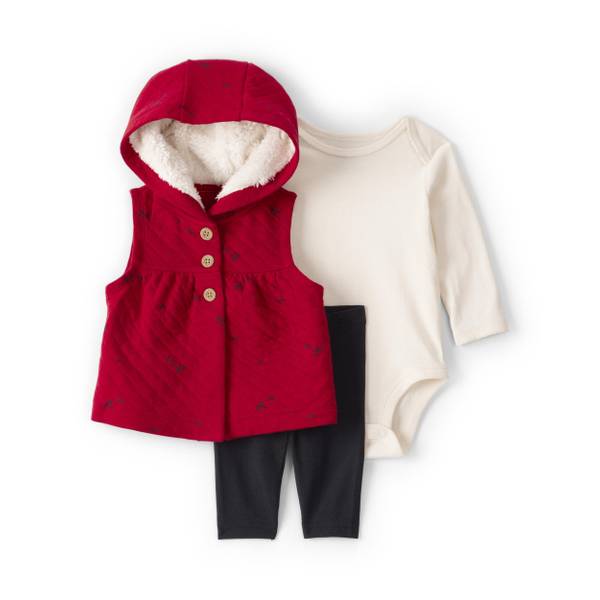 Photo of Infant Girl's 3-Piece Bow Print Sleeveless Jacket Bodysuit and Pant Set