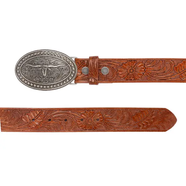 (取寄) ラングラー ロングホーン プラーク ベルト - レザー, 38 ウム Wrangler Longhorn Plaque Belt - Leather, 38 mm  Black Wrangler Longhorn Plaque Buckle Belt - LB92238WRQA-34 | Blain's